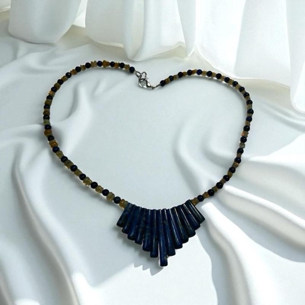 NEW HANDMADE Sterling Silver Gemstones Necklace lapis Lazuli, and Fire Opal - Picture 10 of 10